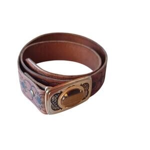 VTG Men's Double J Western Tooled Leather Belt Ornate Tiger's Eye Stone Buckle